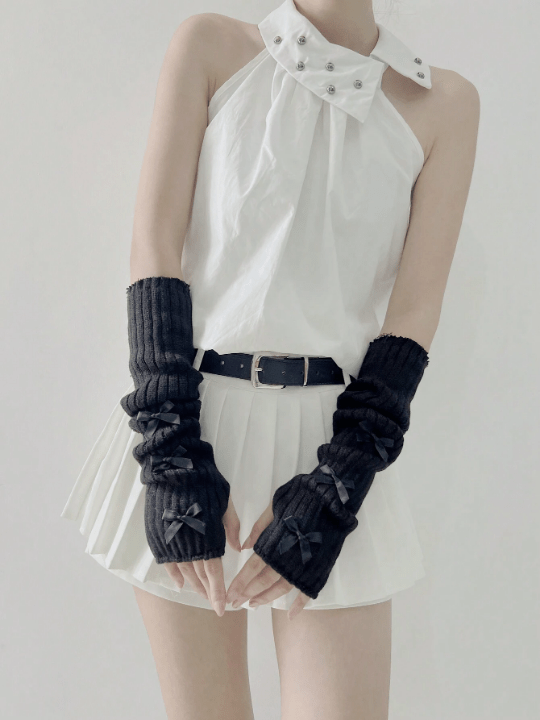 1 Pair Fashionable Y2k Ballet Flats Style Bowknot Arm Warmers Fingerless Gloves Available In Gothic & Punk Knitted Gloves Suit For Cosplay/Party/Date/Music Festival, Spring/Summer - Lolli World Marketplace