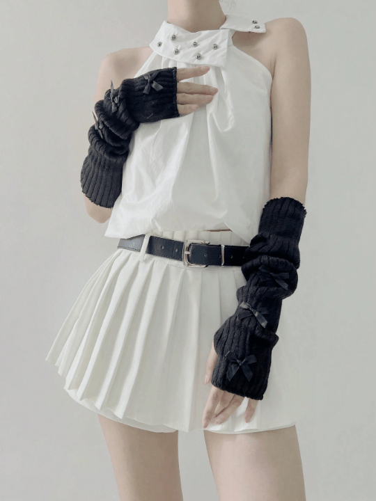 1 Pair Fashionable Y2k Ballet Flats Style Bowknot Arm Warmers Fingerless Gloves Available In Gothic & Punk Knitted Gloves Suit For Cosplay/Party/Date/Music Festival, Spring/Summer - Lolli World Marketplace