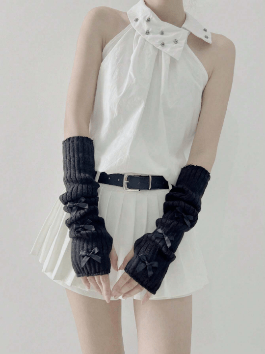 1 Pair Fashionable Y2k Ballet Flats Style Bowknot Arm Warmers Fingerless Gloves Available In Gothic & Punk Knitted Gloves Suit For Cosplay/Party/Date/Music Festival, Spring/Summer - Lolli World Marketplace