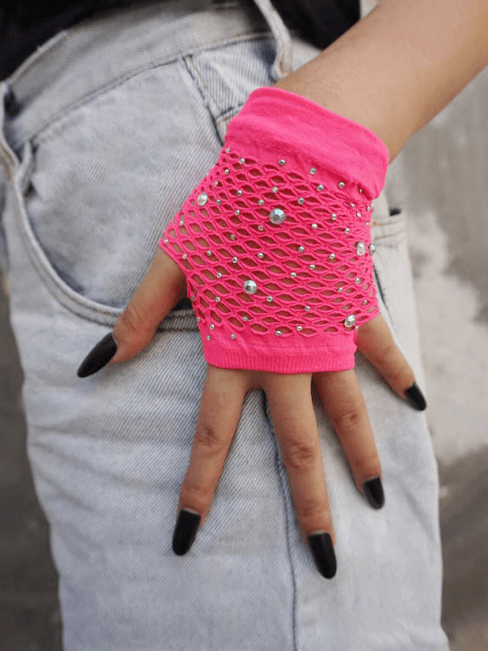 1 Pair Hot Drilling Pink Short Fishnet Decor Party Gloves - Lolli World Marketplace