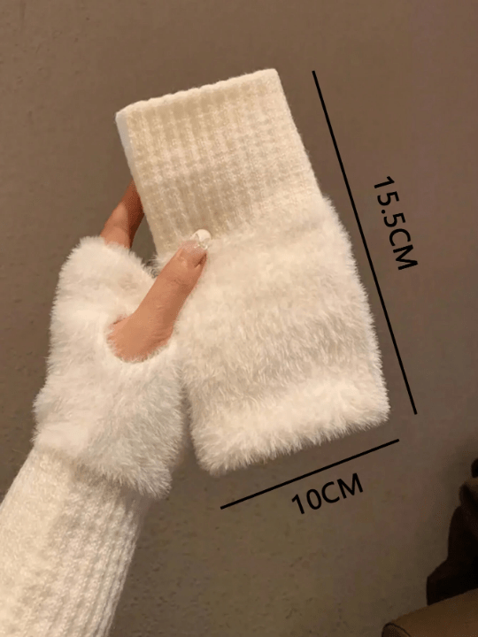 1 Pair Mink Fleece Soft Winter Half Finger Gloves Women Warm Luxury Solid White Plush Knitted Fingerless Gloves Wrist Mittens Writting - Lolli World Marketplace