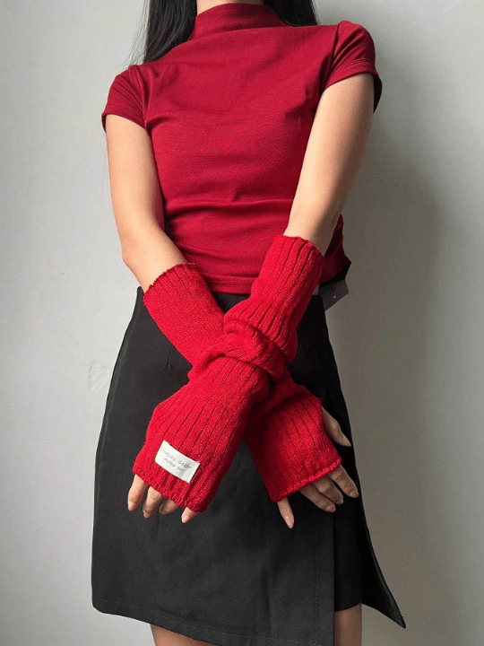 1 Pair Women's Autumn & Winter Warm Red Gloves & Arm Sleeves Set, Thick Knitted Y2k Style Red Gloves With Fingerless Design & Knitted Arm Sleeves. Suitable For Winter Warmth, Going Out, Dating, Parties, Christmas And More Occasions - Lolli World Marketplace