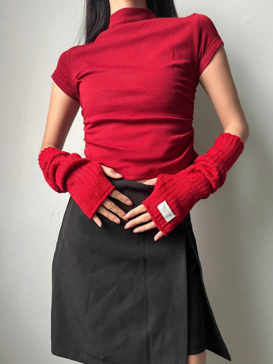 1 Pair Women's Autumn & Winter Warm Red Gloves & Arm Sleeves Set, Thick Knitted Y2k Style Red Gloves With Fingerless Design & Knitted Arm Sleeves. Suitable For Winter Warmth, Going Out, Dating, Parties, Christmas And More Occasions - Lolli World Marketplace