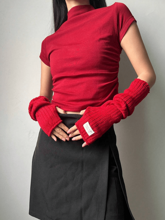1 Pair Women's Autumn & Winter Warm Red Gloves & Arm Sleeves Set, Thick Knitted Y2k Style Red Gloves With Fingerless Design & Knitted Arm Sleeves. Suitable For Winter Warmth, Going Out, Dating, Parties, Christmas And More Occasions - Lolli World Marketplace