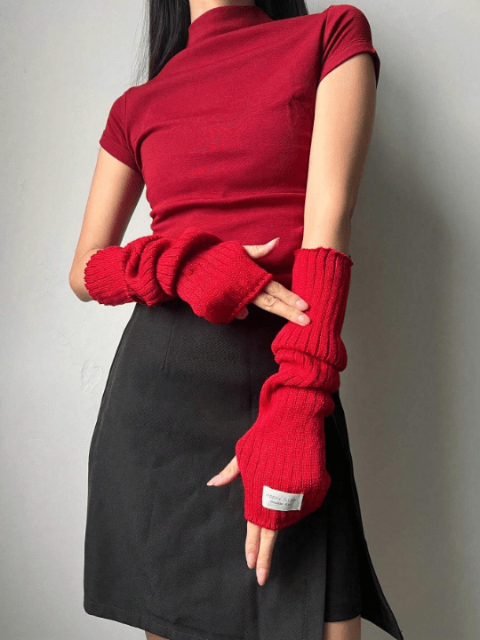 1 Pair Women's Autumn & Winter Warm Red Gloves & Arm Sleeves Set, Thick Knitted Y2k Style Red Gloves With Fingerless Design & Knitted Arm Sleeves. Suitable For Winter Warmth, Going Out, Dating, Parties, Christmas And More Occasions - Lolli World Marketplace