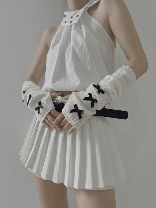 1 Pair Women's Ballet Style White Arm Warmer And Black Knitted Gloves For Warm In Autumn And Winter, Decorated With Bow - knot, Using Y2k And Japanese Style, Suitable For Daily Wear/dating/home/outdoor Activities. - Lolli World Marketplace