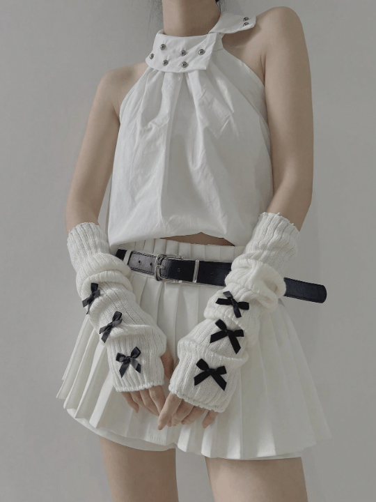 1 Pair Women's Ballet Style White Arm Warmer And Black Knitted Gloves For Warm In Autumn And Winter, Decorated With Bow - knot, Using Y2k And Japanese Style, Suitable For Daily Wear/dating/home/outdoor Activities. - Lolli World Marketplace
