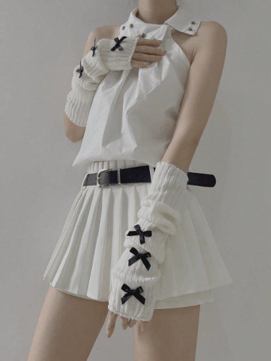 1 Pair Women's Ballet Style White Arm Warmer And Black Knitted Gloves For Warm In Autumn And Winter, Decorated With Bow - knot, Using Y2k And Japanese Style, Suitable For Daily Wear/dating/home/outdoor Activities. - Lolli World Marketplace