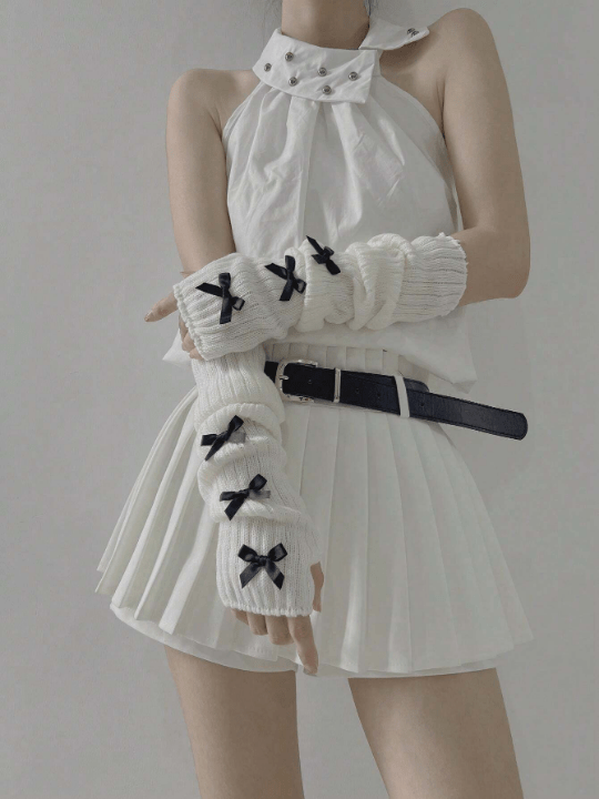 1 Pair Women's Ballet Style White Arm Warmer And Black Knitted Gloves For Warm In Autumn And Winter, Decorated With Bow - knot, Using Y2k And Japanese Style, Suitable For Daily Wear/dating/home/outdoor Activities. - Lolli World Marketplace