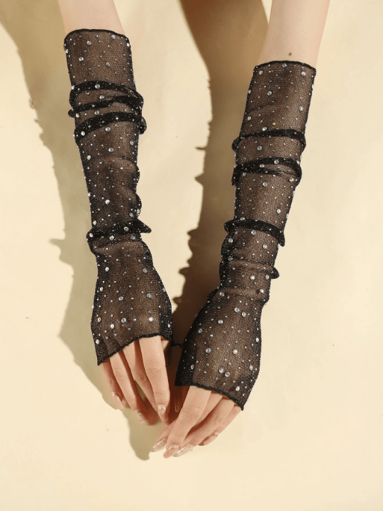 1 Pair Women's Black Arm Sleeves With Sparkling Rhinestones, Silver & Gold Foil Threads & Anti - Uv, Sheer Lace & Mesh Material - Lolli World Marketplace