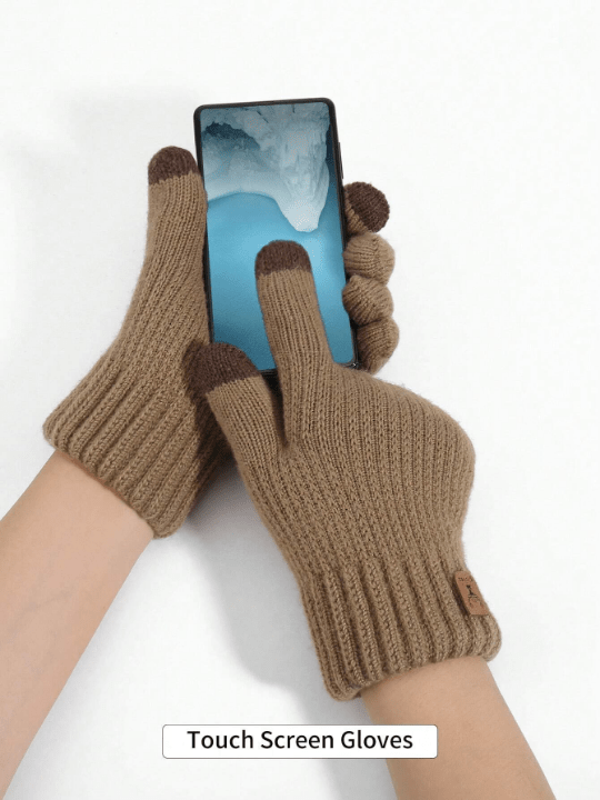 1 Pair Women's Coffee Winter Double - layered Plush Touch Screen Texting Gloves, Knitted Deer Design Cold Weather Warm Full Gloves Suitable For Parties, Driving, Playing Games, Riding Bikes, Hiking, Writing - Lolli World Marketplace