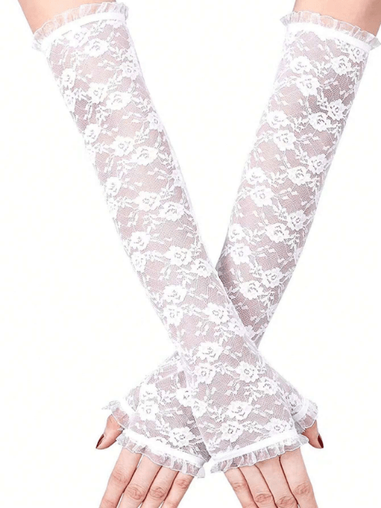 1 Pair Women's Half Finger Long Lace Gloves, Summer Sun Protection Anti - Uv Driving Riding Fingerless Gloves For Arm Cover - Lolli World Marketplace