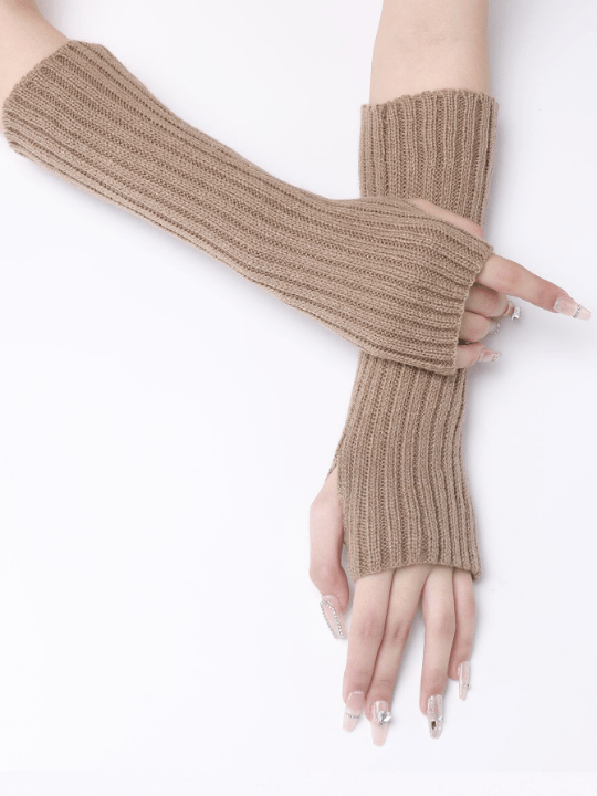 1 Pair Women's Khaki Striped Woolen Yarn Knitted Long False Sleeves Warm Half Finger Exposed Fingers Arm Warmer - Lolli World Marketplace