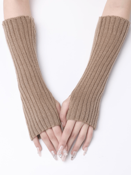 1 Pair Women's Khaki Striped Woolen Yarn Knitted Long False Sleeves Warm Half Finger Exposed Fingers Arm Warmer - Lolli World Marketplace