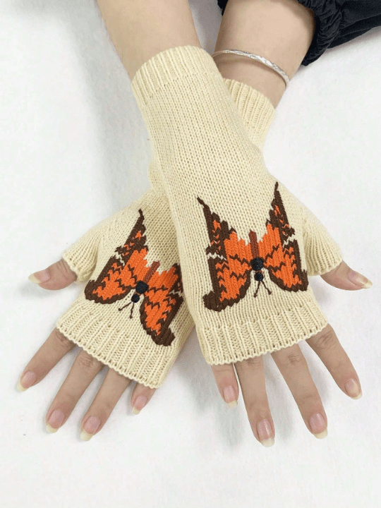 1 Pair Women's Orange Butterfly Decor Knitted Half Finger Wool Gloves For Daily Use In Spring And Autumn - Lolli World Marketplace