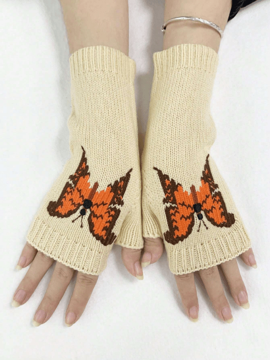 1 Pair Women's Orange Butterfly Decor Knitted Half Finger Wool Gloves For Daily Use In Spring And Autumn - Lolli World Marketplace