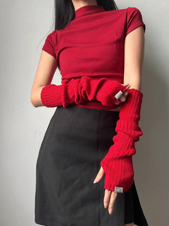 1 Pair Women's Spring/Summer Fashion Y2k Arm Sleeves With Printed Label Decor And Cut - Out Design Gothic/Punk Style Knit Gloves, Suitable For Cosplay/Party/Date/Music Festival - Lolli World Marketplace