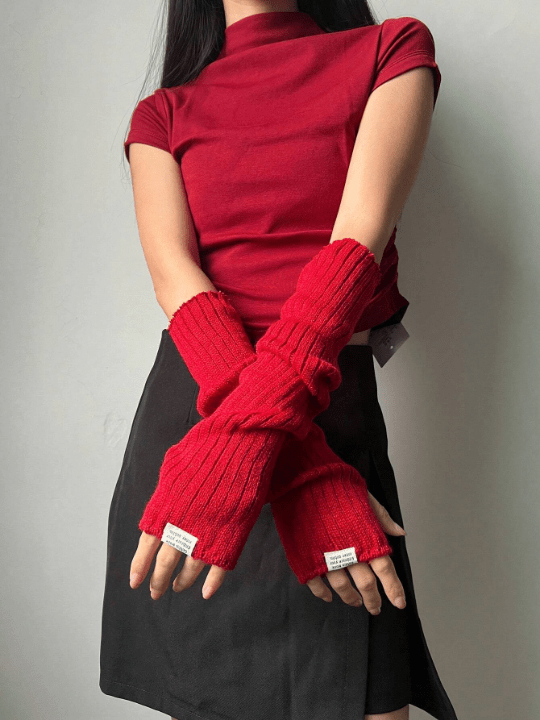 1 Pair Women's Spring/Summer Fashion Y2k Arm Sleeves With Printed Label Decor And Cut - Out Design Gothic/Punk Style Knit Gloves, Suitable For Cosplay/Party/Date/Music Festival - Lolli World Marketplace