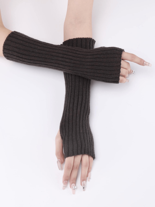 1 Pair Women's Warm Knitted Half Finger & Fingerless Arm Warmers With Faux Sleeves, Mid - length Striped Gray - Lolli World Marketplace