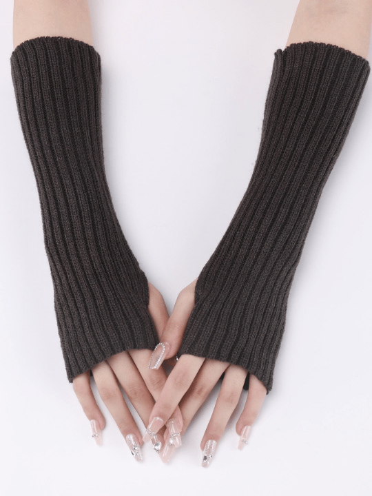 1 Pair Women's Warm Knitted Half Finger & Fingerless Arm Warmers With Faux Sleeves, Mid - length Striped Gray - Lolli World Marketplace