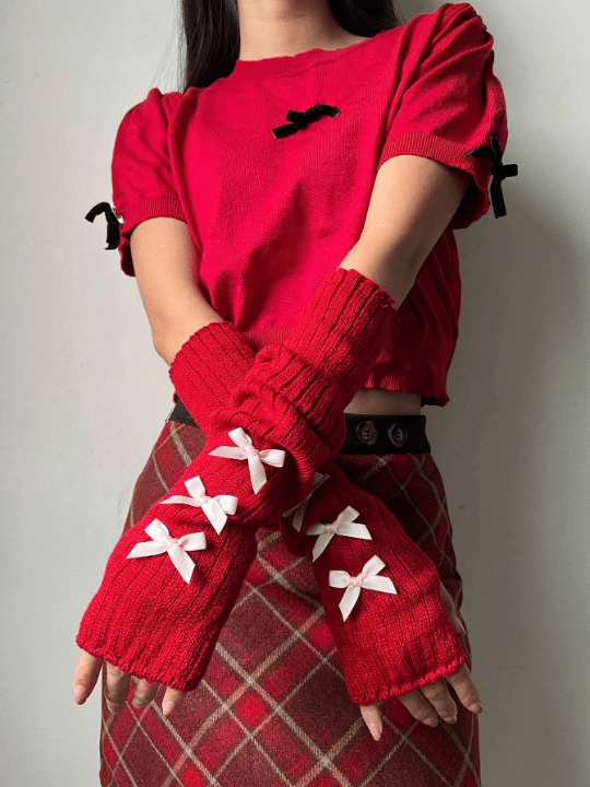 1 Pair Women's Y2k Fashionable Arm Sleeves With Bowknot & Exposed Fingers For Ballet Style, Gothic/Punk Knitted Gloves Suitable For Cosplay/Party/Dating/Music Festival, Spring/Summer - Lolli World Marketplace