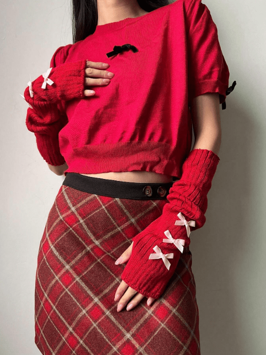 1 Pair Women's Y2k Fashionable Arm Sleeves With Bowknot & Exposed Fingers For Ballet Style, Gothic/Punk Knitted Gloves Suitable For Cosplay/Party/Dating/Music Festival, Spring/Summer - Lolli World Marketplace