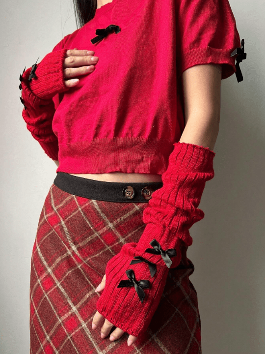1 Pair Women's Y2k Style Arm Sleeves With Bow Knot & Fingerless Design, Knitted Fingerless Gloves, Suitable For Cosplay/Party/Date/Music Festival - Lolli World Marketplace