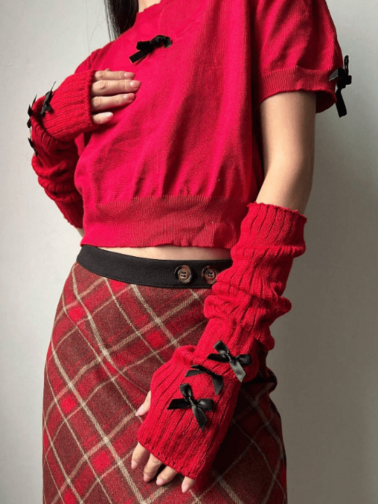 1 Pair Women's Y2k Style Arm Sleeves With Bow Knot & Fingerless Design, Knitted Fingerless Gloves, Suitable For Cosplay/Party/Date/Music Festival - Lolli World Marketplace