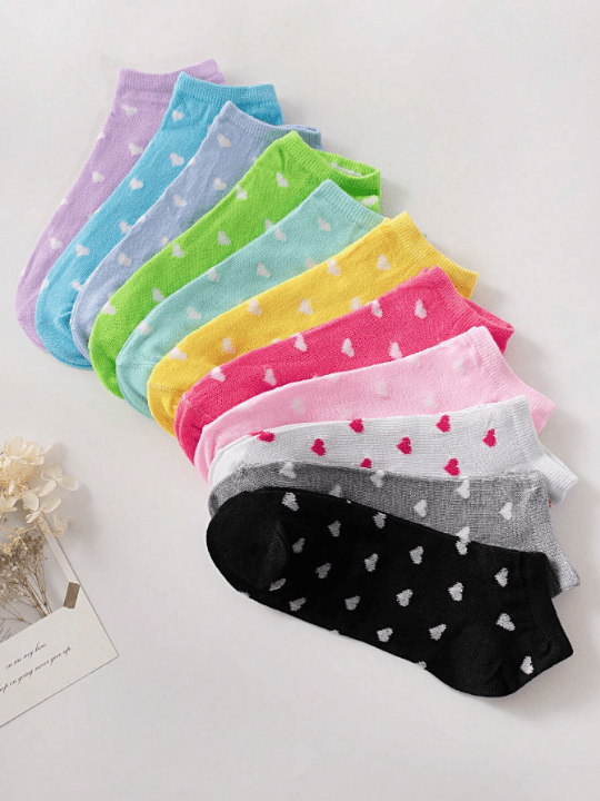 10 Pairs Women's Candy - Colored Patterned Heart Shaped Soft And Comfortable Casual Socks For Ankle, Suitable For Daily Wear, Random Color Delivery - Lolli World Marketplace