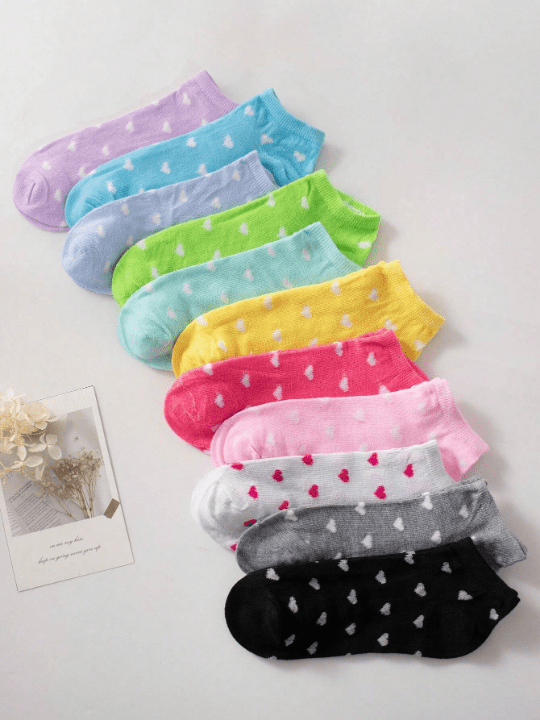 10 Pairs Women's Candy - Colored Patterned Heart Shaped Soft And Comfortable Casual Socks For Ankle, Suitable For Daily Wear, Random Color Delivery - Lolli World Marketplace