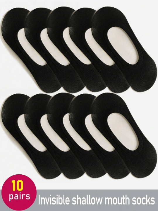 10 Pairs/Pack New Black Color Women's Candy Color Boat Socks, Non - Slip Shallow Mouth Nylon Invisible Socks, Low Cut Short Socks, Four Seasons Boat Socks, Spring, Summer, Autumn And Winter - Lolli World Marketplace