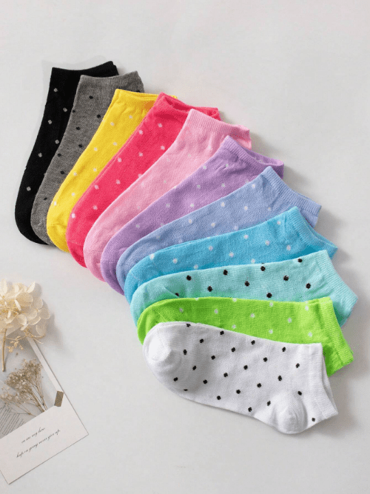 10 Pairs/Pack Women's Candy Color Polka Dot Soft & Comfortable Casual Ankle Socks, Suitable For Daily Life (Random Colors) - Lolli World Marketplace