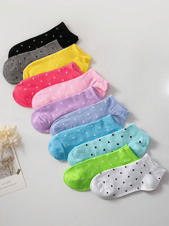 10 Pairs/Pack Women's Candy Color Polka Dot Soft & Comfortable Casual Ankle Socks, Suitable For Daily Life (Random Colors) - Lolli World Marketplace