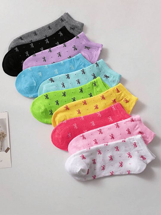 10pairs Women's Candy Colored Patterned Socks With Bowknot Decoration Soft & Comfortable Casual Ankle Socks, Suitable For Daily Life, Colors Are Randomly Sent - Lolli World Marketplace