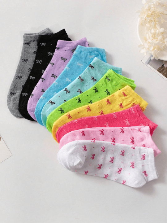 10pairs Women's Candy Colored Patterned Socks With Bowknot Decoration Soft & Comfortable Casual Ankle Socks, Suitable For Daily Life, Colors Are Randomly Sent - Lolli World Marketplace
