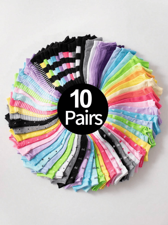 10pairs Women's Candy - Colored Short Socks With Bowknot, Heart & Stripe Pattern, Soft & Comfortable, Suitable For Daily Wear, Random Color - Lolli World Marketplace