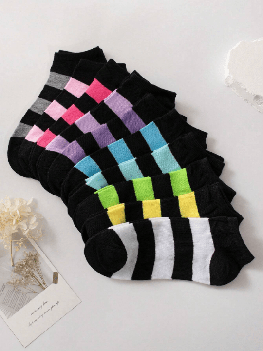 10pairs/Pack Women's Short Socks Candy Color Thick Stripe Casual Soft And Comfortable Ankle Socks Suitable For Daily Life Random Color - Lolli World Marketplace