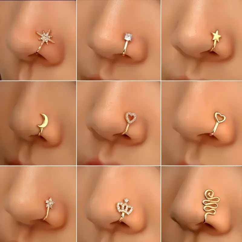 10pcs Set of Non - Piercing Nose Clips - Cute and Sexy Copper Cubic Synthetic Zirconia Design, U - shaped Heart, Crown, Butterfly and Star Patterns, Suitable for Daily Wear