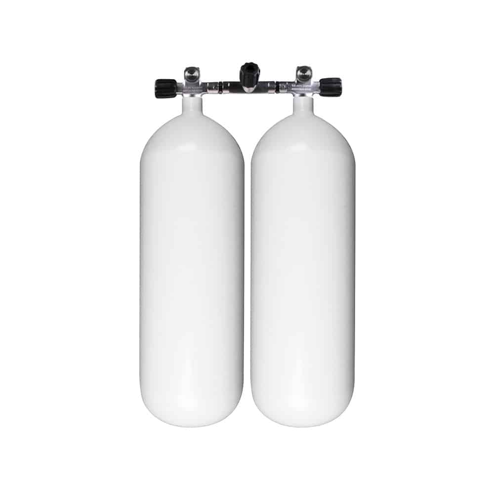 15 Liter Steel Twinset 230 Bar with Manifold with Centre Isolator Valve without Tank bands