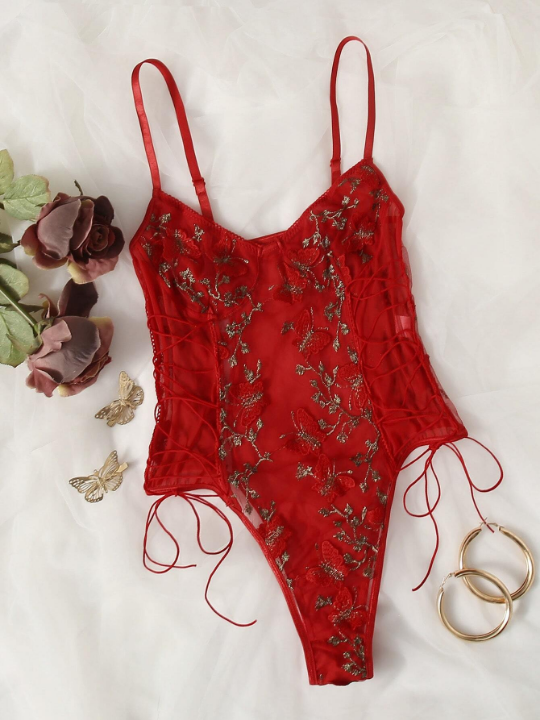 Embroidered Butterfly Mesh Lace-Up Teddy Bodysuit