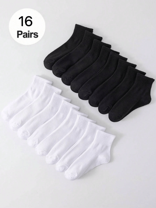 16 Pairs/Set Simple Black & White Damen Mid - Calf Socks, Breathable Anti - Odor & Skin - Friendly - Lolli World Marketplace