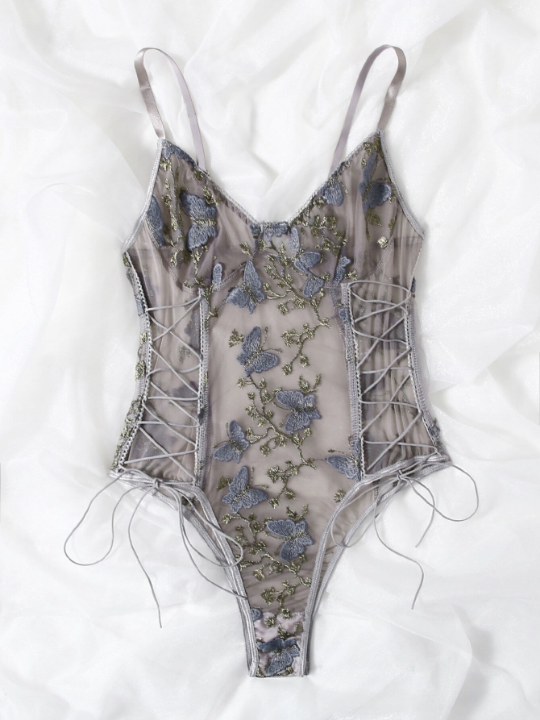 Butterfly Embroidered Mesh Teddy Bodysuit