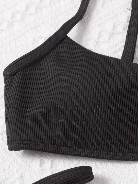 Swim Basics Ribbed Bikini Set Adjustable Strap Cami Top & Tie Side Thong Bottom 2 Piece Bathing Suit