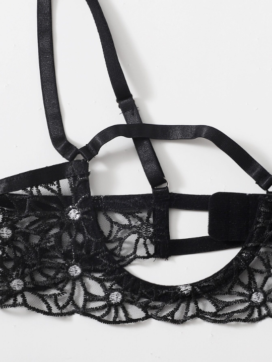 Classic Sexy Cut Out Embroidered Mesh Underwire Lingerie Set