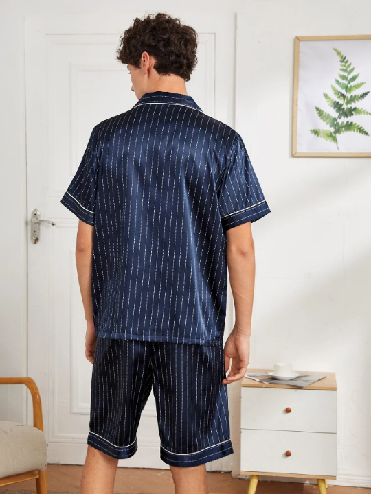 Men Vertical Striped Button Front PJ Set