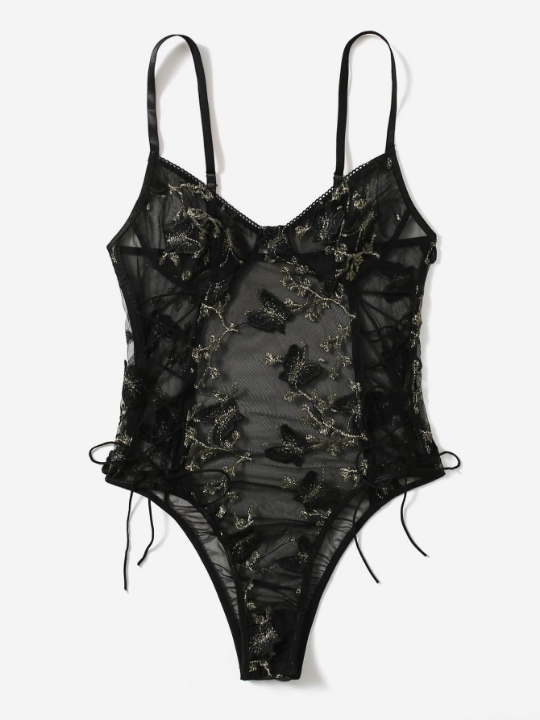 Embroidered Mesh Lace-up Teddy Bodysuit