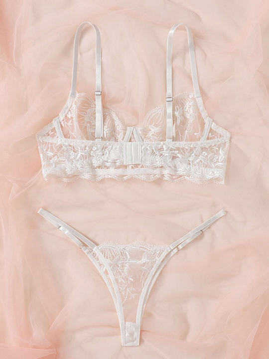 Classic Sexy Embroidered Mesh Underwire Lingerie Set