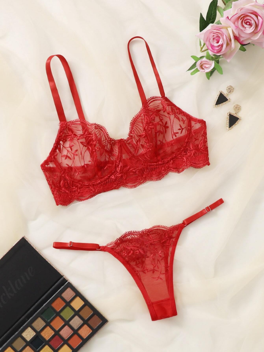 Classic Sexy Embroidered Mesh Underwire Lingerie Set