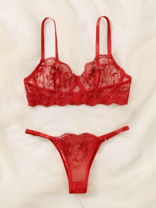 Classic Sexy Embroidered Mesh Underwire Lingerie Set