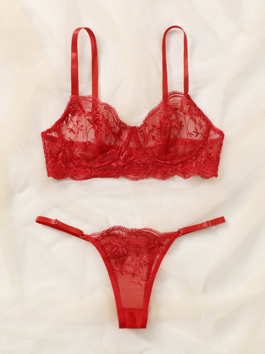 Classic Sexy Embroidered Mesh Underwire Lingerie Set